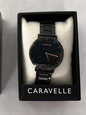 Caravelle Black Stainless Steel Watch with Rose Gold Accents
